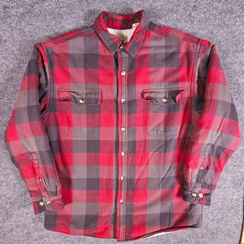 Red Head Check Plaid Tartan Sherpa‎ Lined Lumberjack Button Shirt Jacket Sz L
